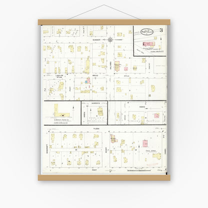 Old map wall art mockup — magnetic wood frame on white wall — Sanborn Fire Insurance Map from Postville, Allamakee County, Iowa (1913), Sheet #0003