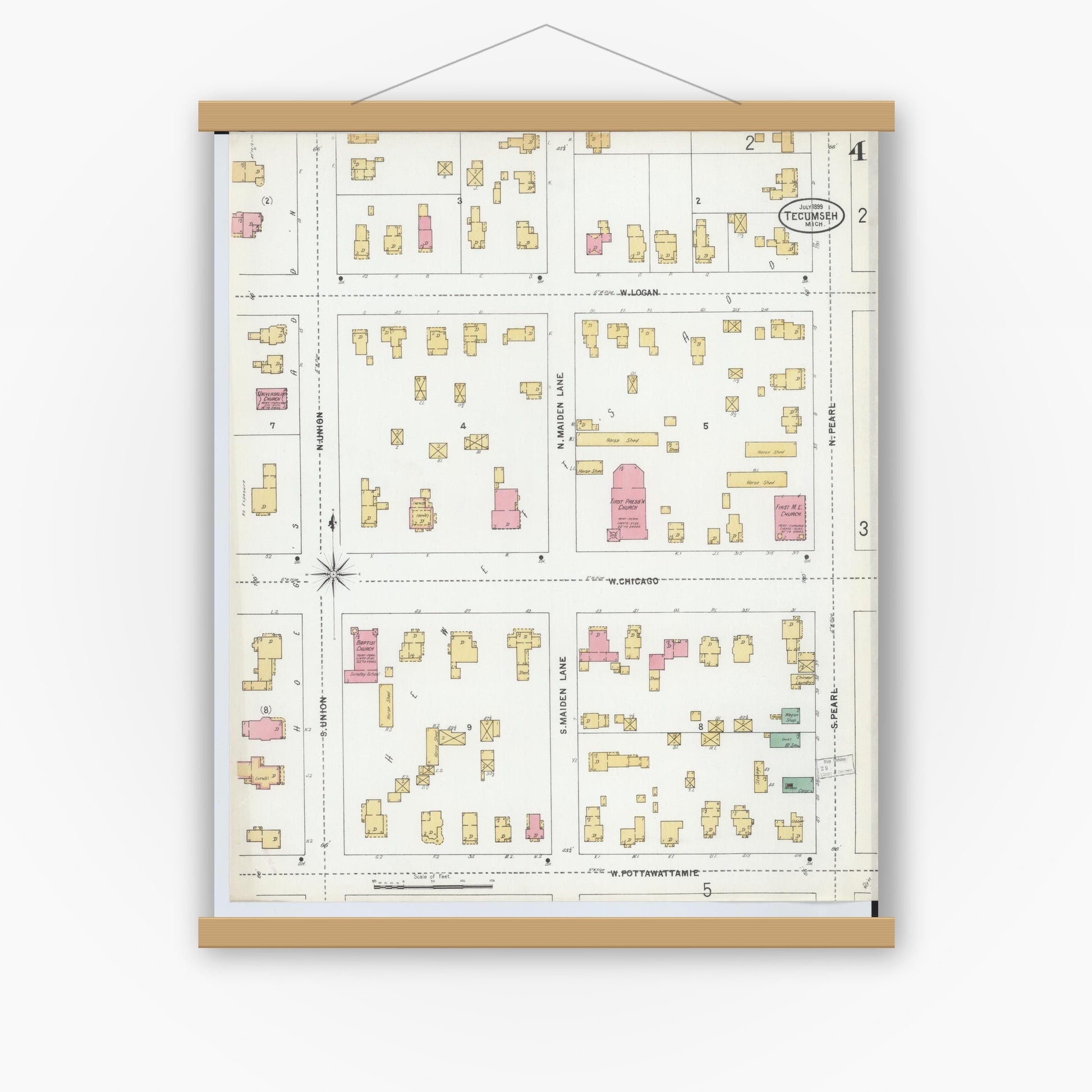 Old map wall art mockup — magnetic wood frame on white wall — Sanborn Fire Insurance Map from Tecumseh, Lenawee County, Michigan (1899), Sheet #0004