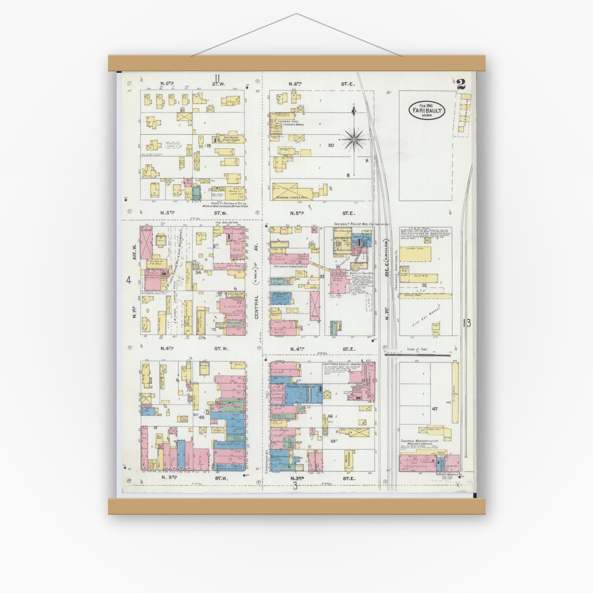 Old map wall art mockup — magnetic wood frame on white wall — Sanborn Fire Insurance Map from Faribault, Rice County, Minnesota (1905), Sheet #0002