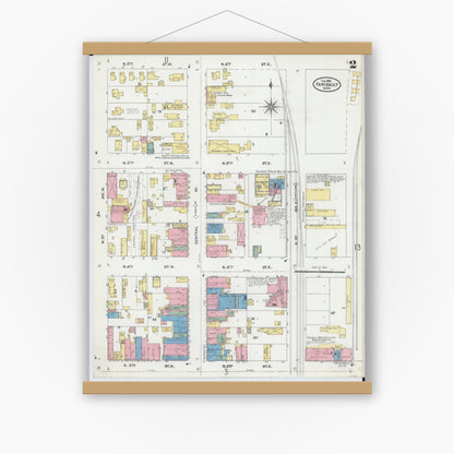 Old map wall art mockup — magnetic wood frame on white wall — Sanborn Fire Insurance Map from Faribault, Rice County, Minnesota (1905), Sheet #0002