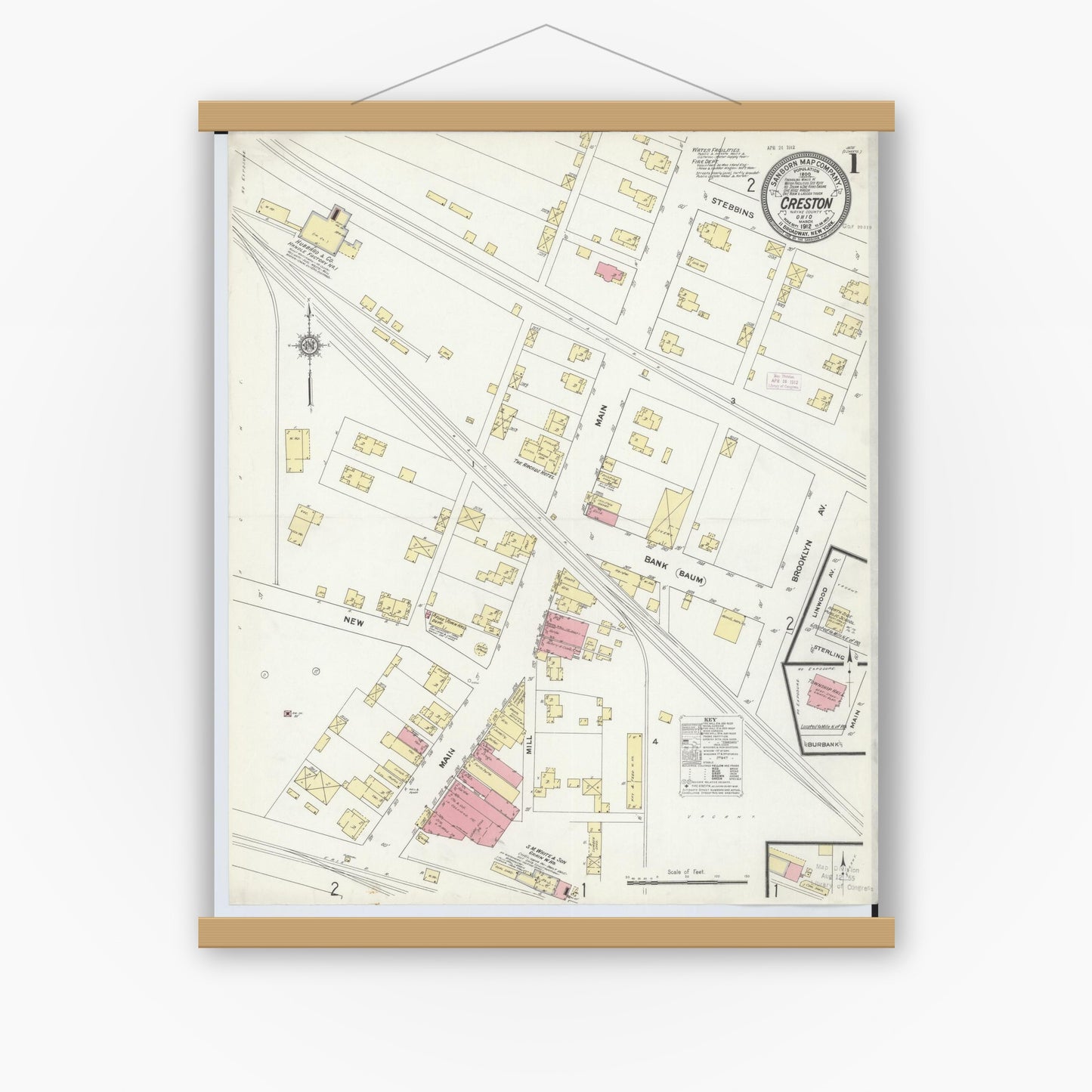 Old map wall art mockup — magnetic wood frame on white wall — Sanborn Fire Insurance Map from Creston, Wayne County, Ohio (1912) - Complete Map Set