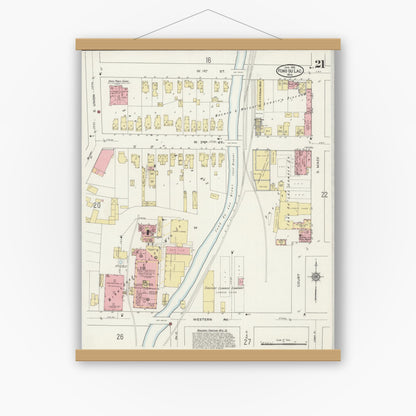 Old map wall art mockup — magnetic wood frame on white wall — Sanborn Fire Insurance Map from Fond du Lac, Fond du Lac County, Wisconsin (1915), Sheet #0021