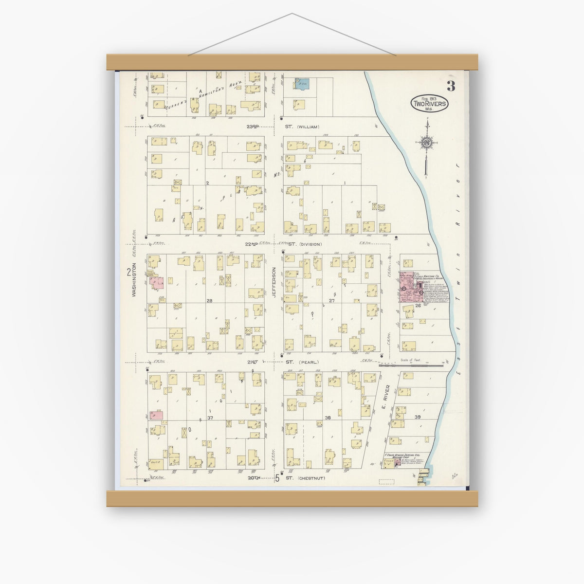 Old map wall art mockup — magnetic wood frame on white wall — Sanborn Fire Insurance Map from Two Rivers, Manitowoc County, Wisconsin (1913), Sheet #0003