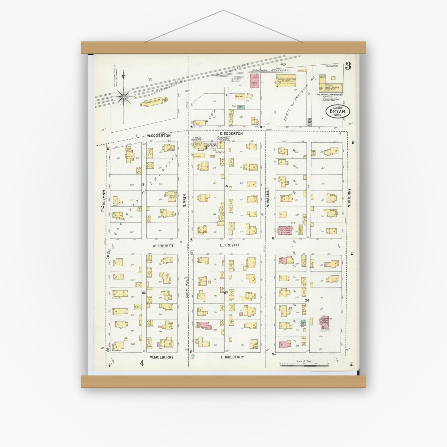 Old map wall art mockup — magnetic wood frame on white wall — Sanborn Fire Insurance Map from Bryan, Williams County, Ohio (1899), Sheet #0003