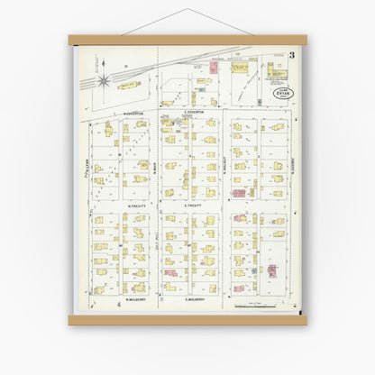 Old map wall art mockup — magnetic wood frame on white wall — Sanborn Fire Insurance Map from Bryan, Williams County, Ohio (1899), Sheet #0003