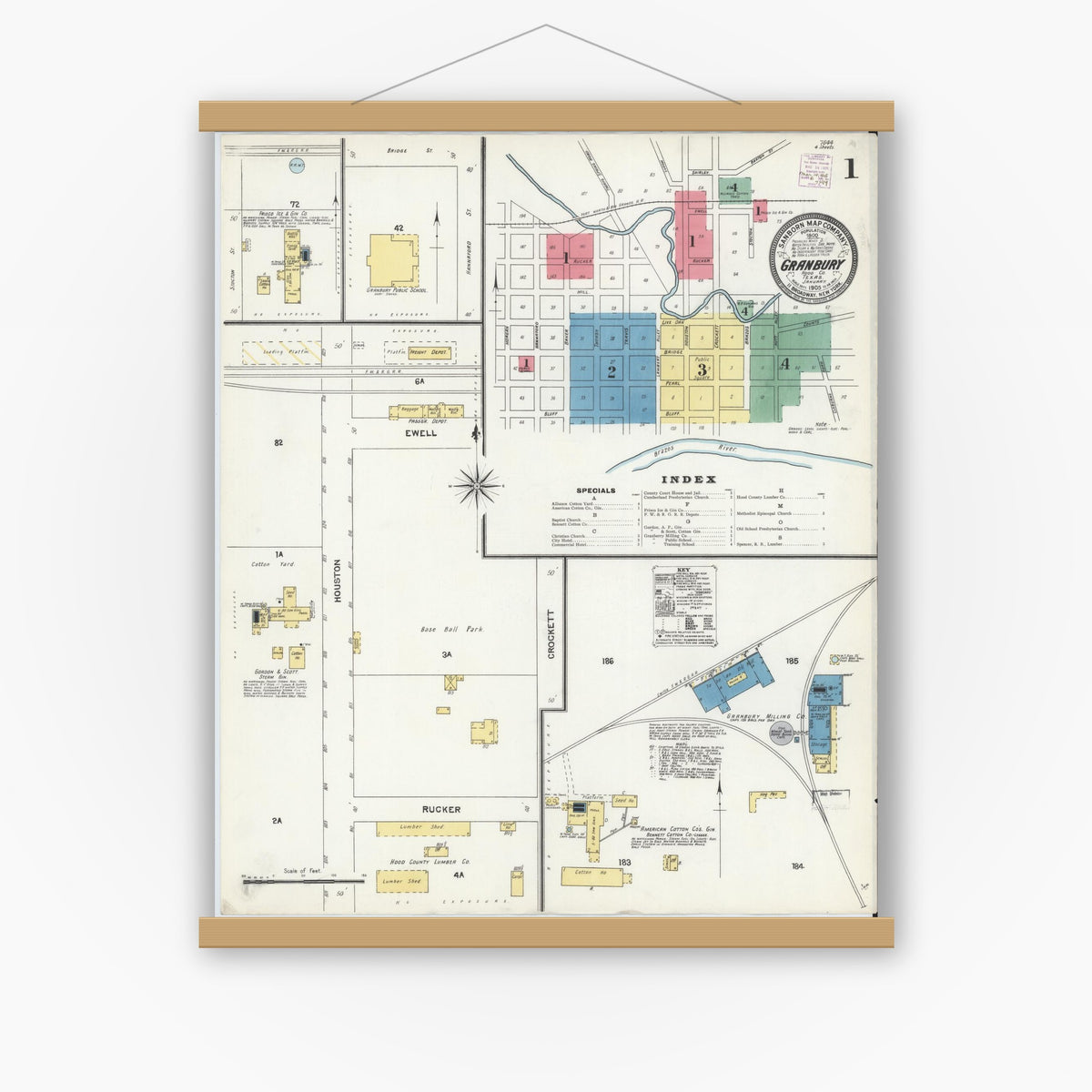 Old map wall art mockup — magnetic wood frame on white wall — Sanborn Fire Insurance Map from Granbury, Hood County, Texas (1905) - Complete Map Set