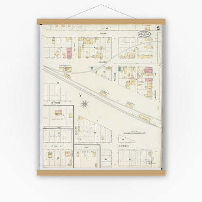 Old map wall art mockup — magnetic wood frame on white wall — Sanborn Fire Insurance Map from Melrose, Stearns County, Minnesota (1894), Sheet #0002