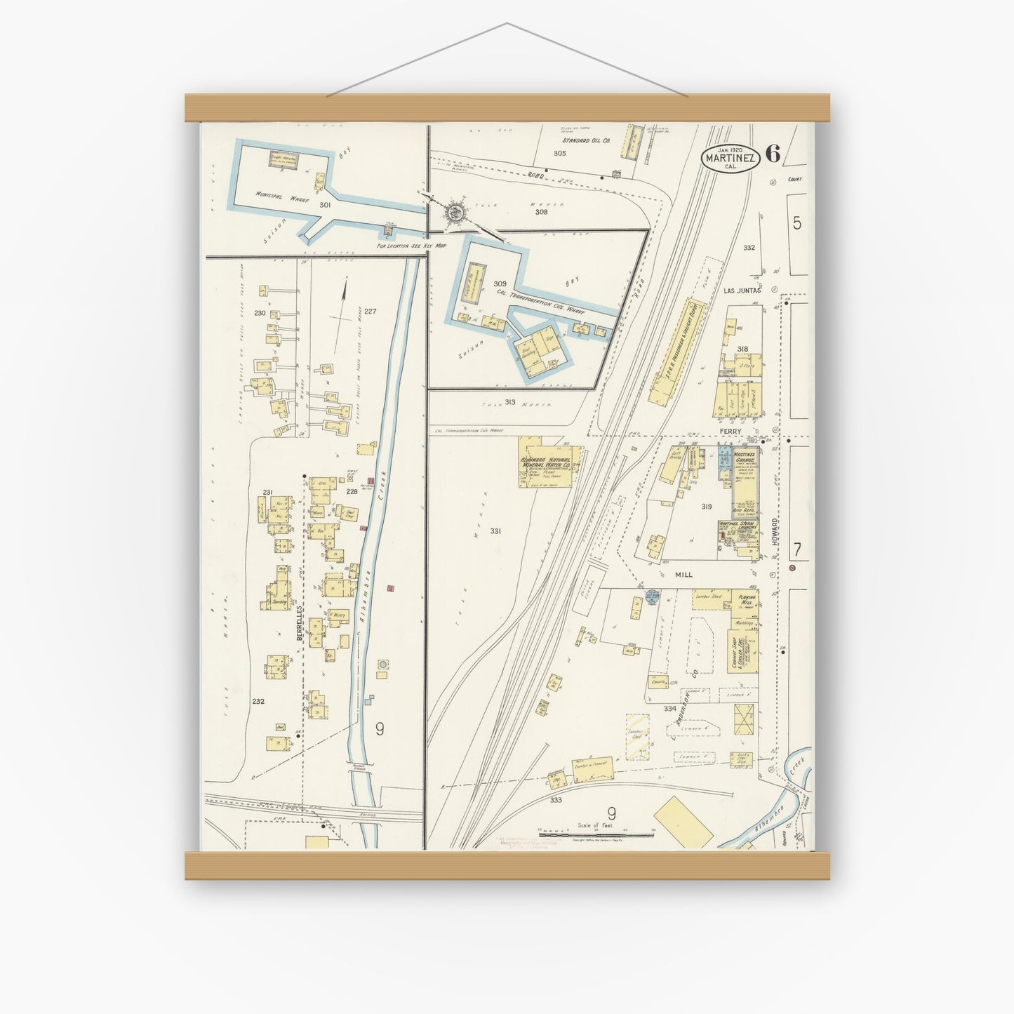 Old map wall art mockup — magnetic wood frame on white wall — Sanborn Fire Insurance Map from Martinez, Contra Costa County, California (1920), Sheet #0006