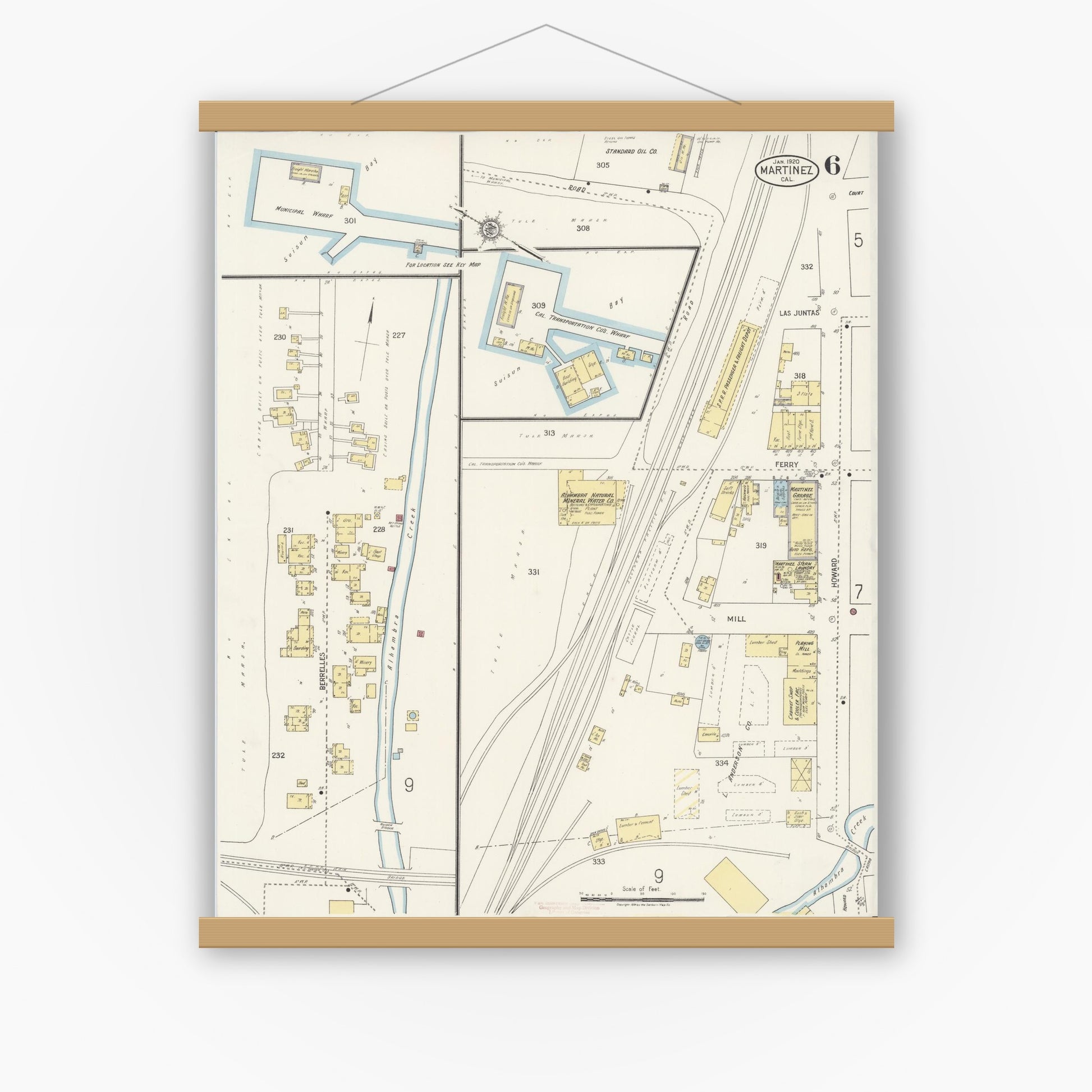 Old map wall art mockup — magnetic wood frame on white wall — Sanborn Fire Insurance Map from Martinez, Contra Costa County, California (1920), Sheet #0006