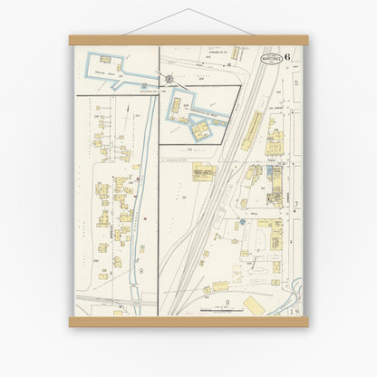 Old map wall art mockup — magnetic wood frame on white wall — Sanborn Fire Insurance Map from Martinez, Contra Costa County, California (1920), Sheet #0006