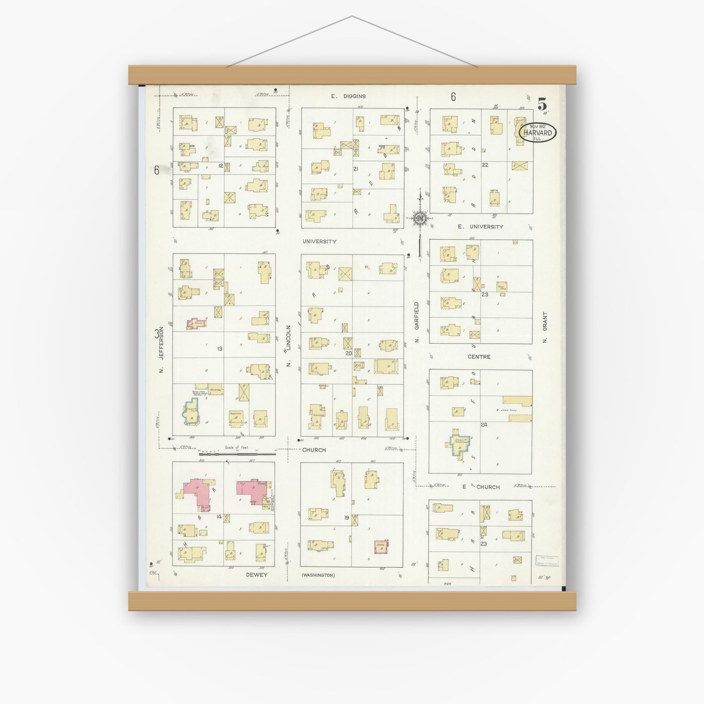 Old map wall art mockup — magnetic wood frame on white wall — Sanborn Fire Insurance Map from Harvard, McHenry County, Illinois (1912), Sheet #0005
