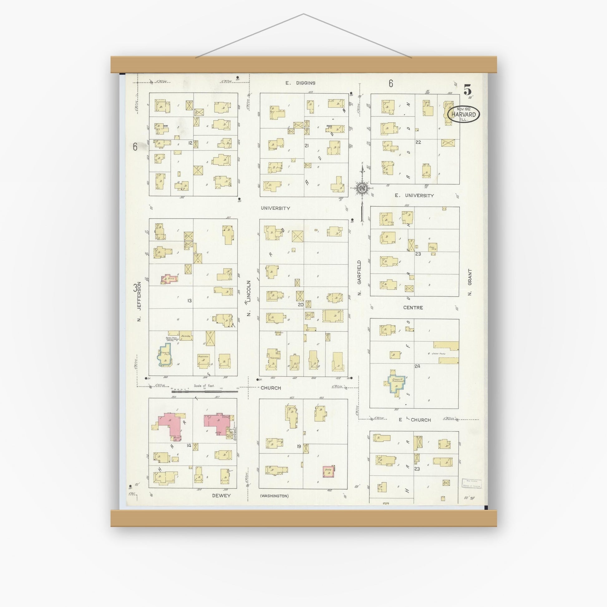 Old map wall art mockup — magnetic wood frame on white wall — Sanborn Fire Insurance Map from Harvard, McHenry County, Illinois (1912), Sheet #0005