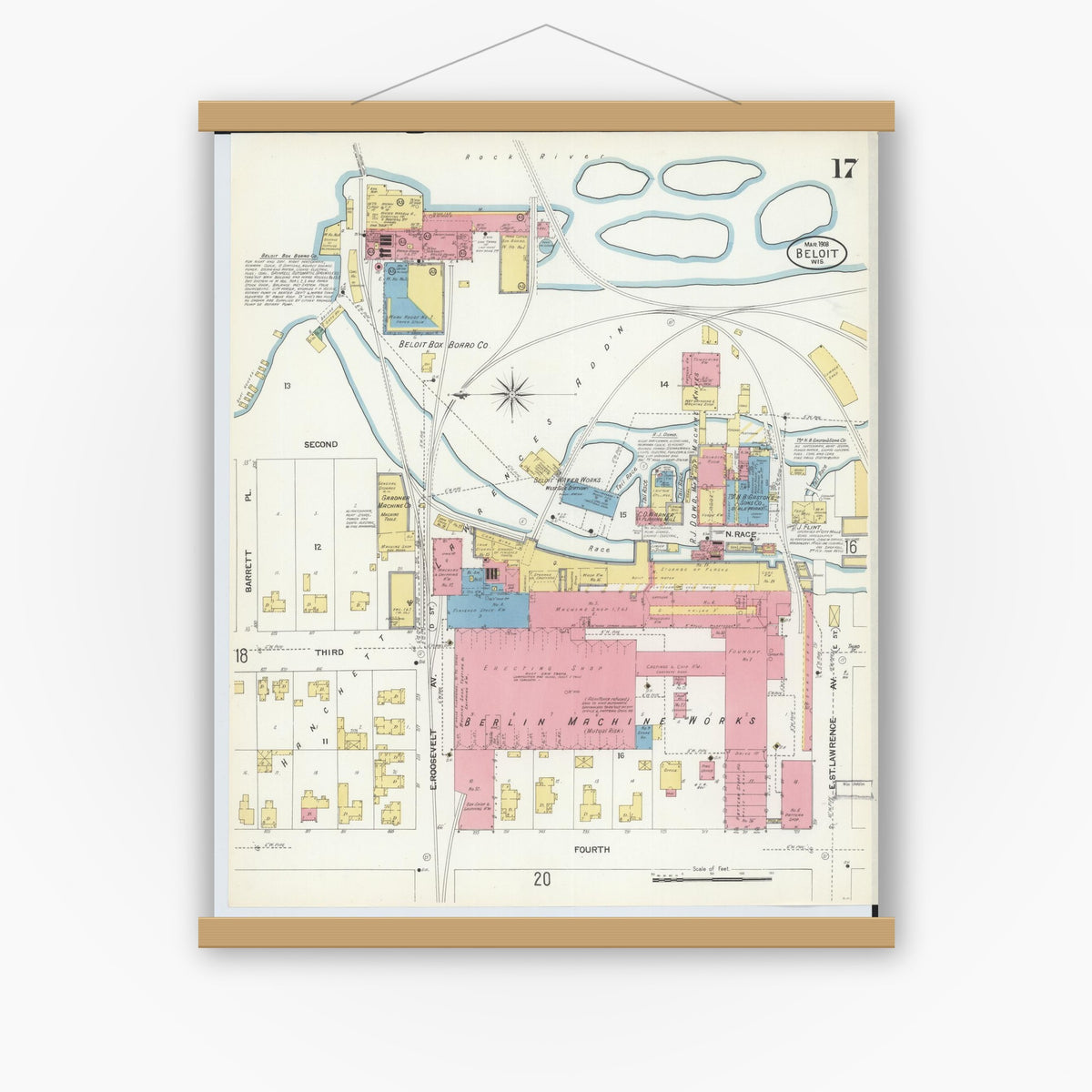 Old map wall art mockup — magnetic wood frame on white wall — Sanborn Fire Insurance Map from Beloit, Rock County, Wisconsin (1908), Sheet #0017