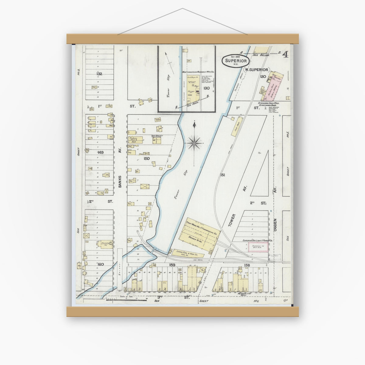 Old map wall art mockup — magnetic wood frame on white wall — Sanborn Fire Insurance Map from Superior, Douglas County, Wisconsin (1887), Sheet #0004