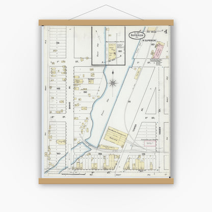 Old map wall art mockup — magnetic wood frame on white wall — Sanborn Fire Insurance Map from Superior, Douglas County, Wisconsin (1887), Sheet #0004