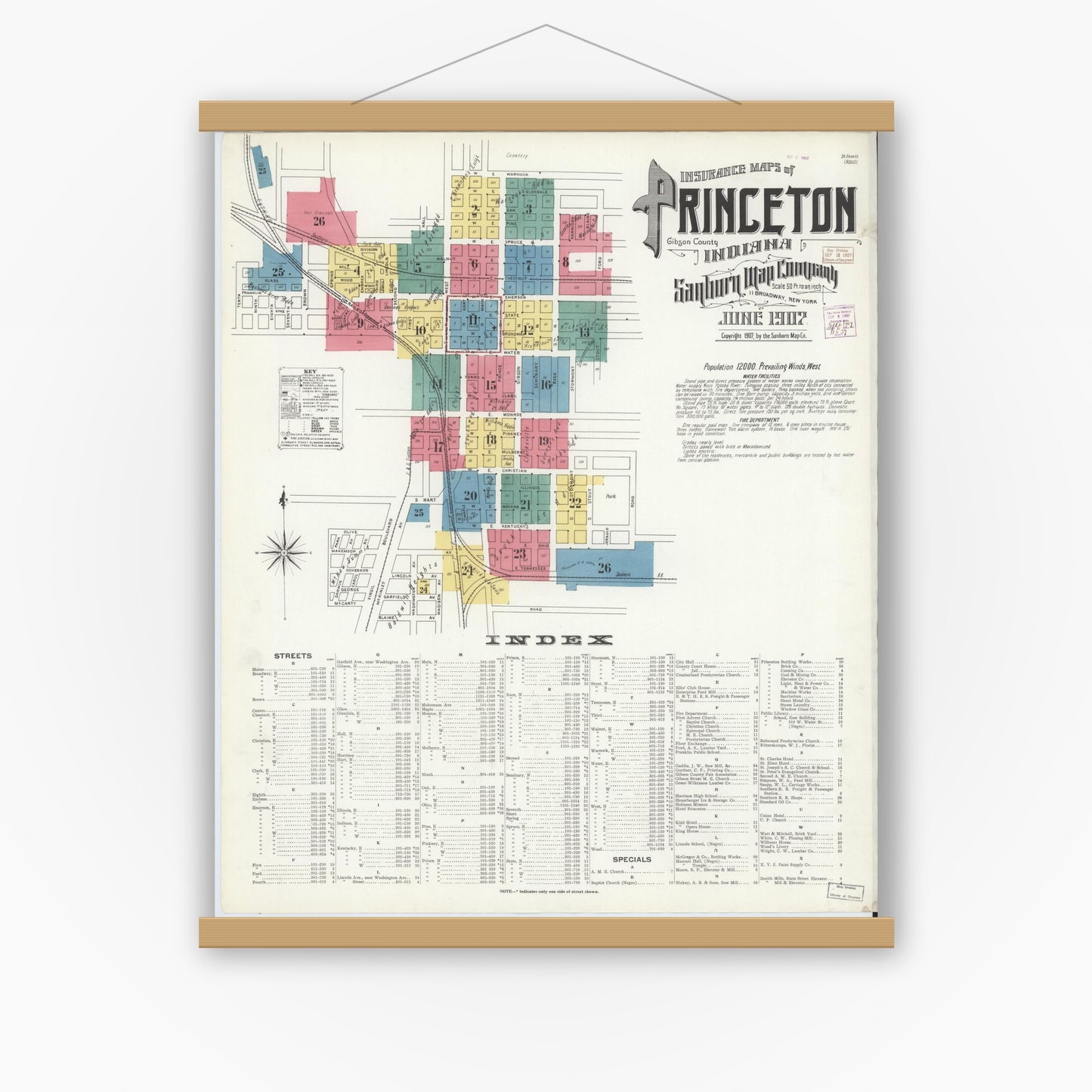 Old map wall art mockup — magnetic wood frame on white wall — Sanborn Fire Insurance Map from Princeton, Gibson County, Indiana (1907) - Complete Map Set
