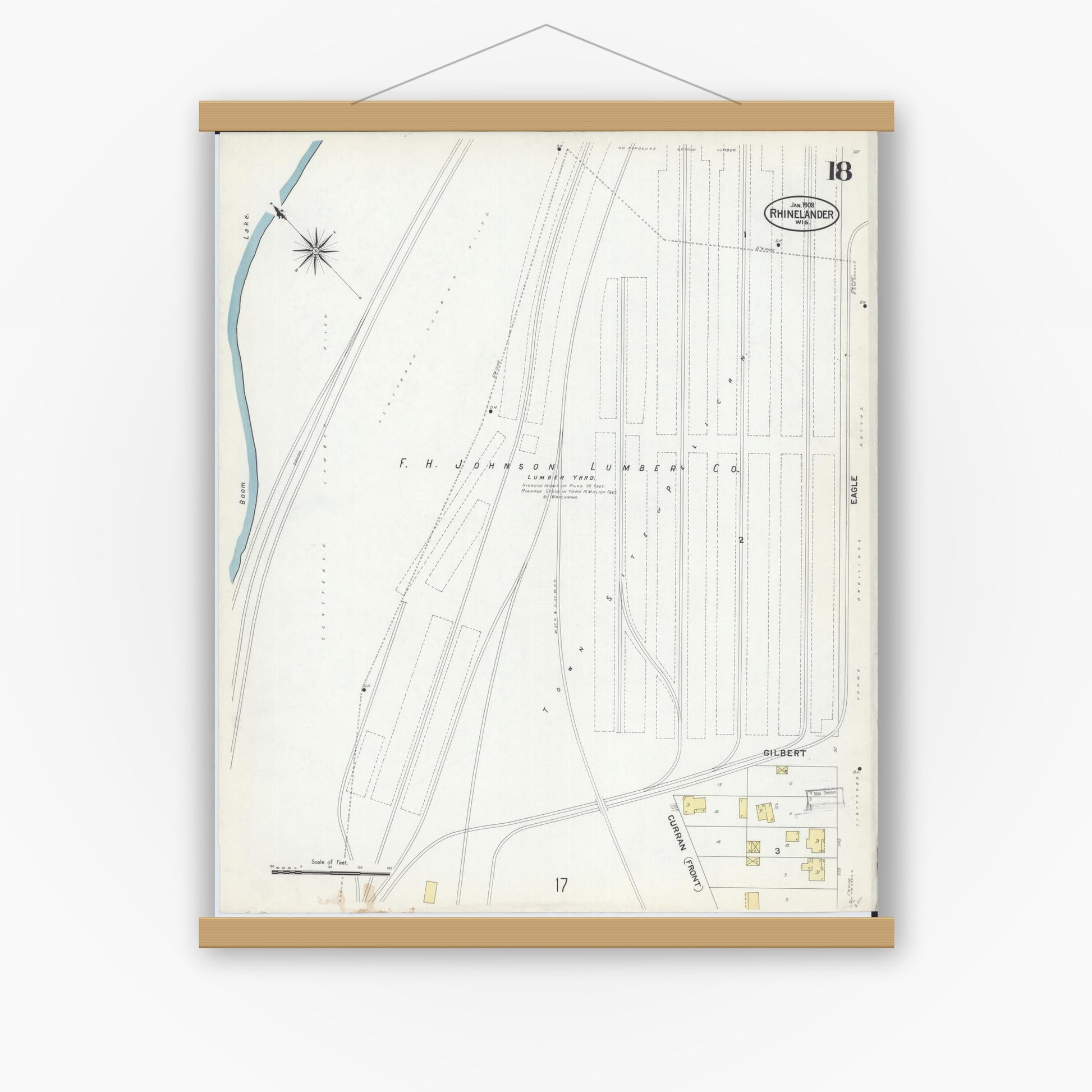 Old map wall art mockup — magnetic wood frame on white wall — Sanborn Fire Insurance Map from Rhinelander, Oneida County, Wisconsin (1908), Sheet #0018