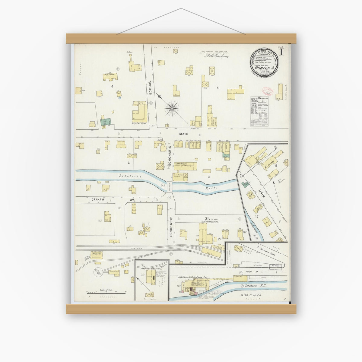 Old map wall art mockup — magnetic wood frame on white wall — Sanborn Fire Insurance Map from Hunter, Greene County, New York (1895) - Complete Map Set