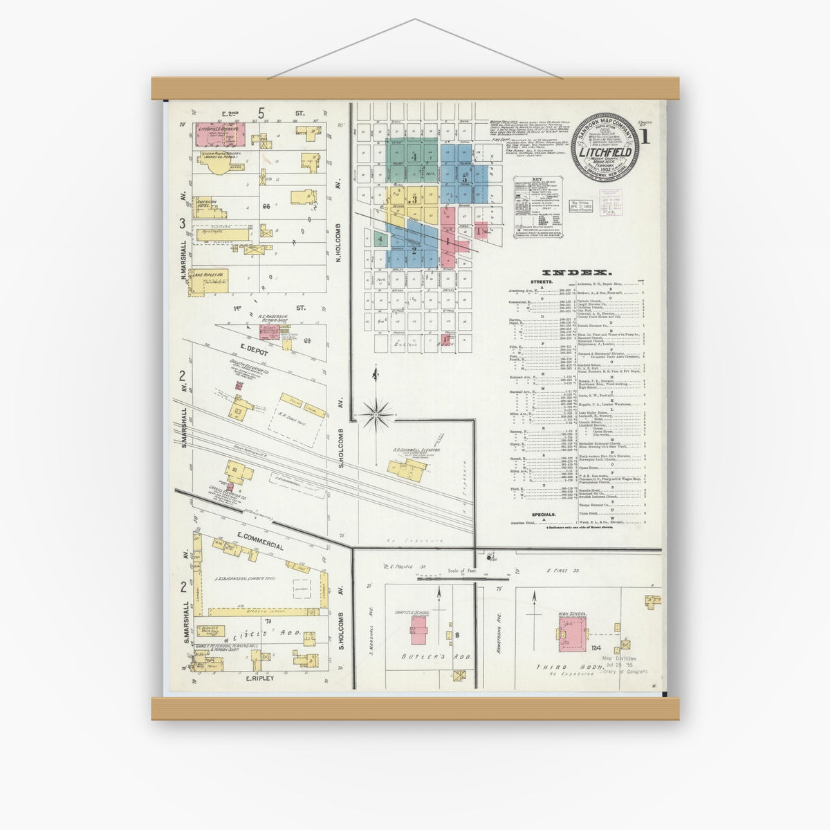 Old map wall art mockup — magnetic wood frame on white wall — Sanborn Fire Insurance Map from Litchfield, Meeker County, Minnesota (1903) - Complete Map Set