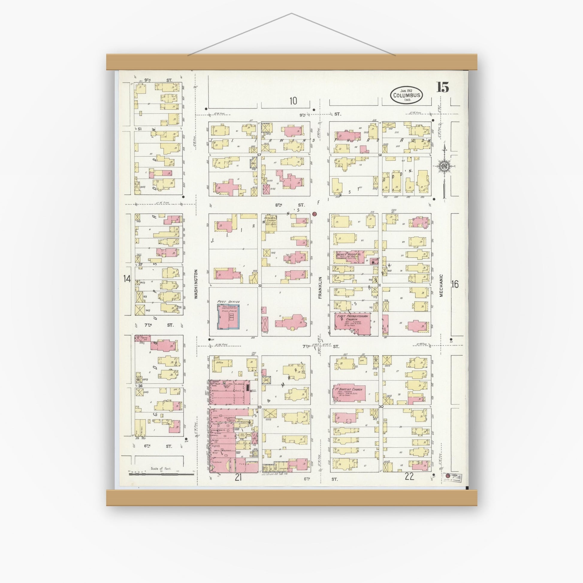 Old map wall art mockup — magnetic wood frame on white wall — Sanborn Fire Insurance Map from Columbus, Bartholomew County, Indiana (1912), Sheet #0015