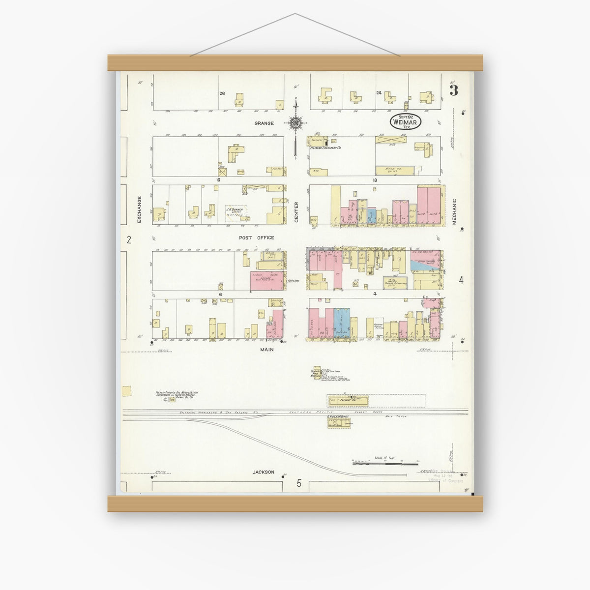 Old map wall art mockup — magnetic wood frame on white wall — Sanborn Fire Insurance Map from Weimar, Colorado County, Texas (1912), Sheet #0003