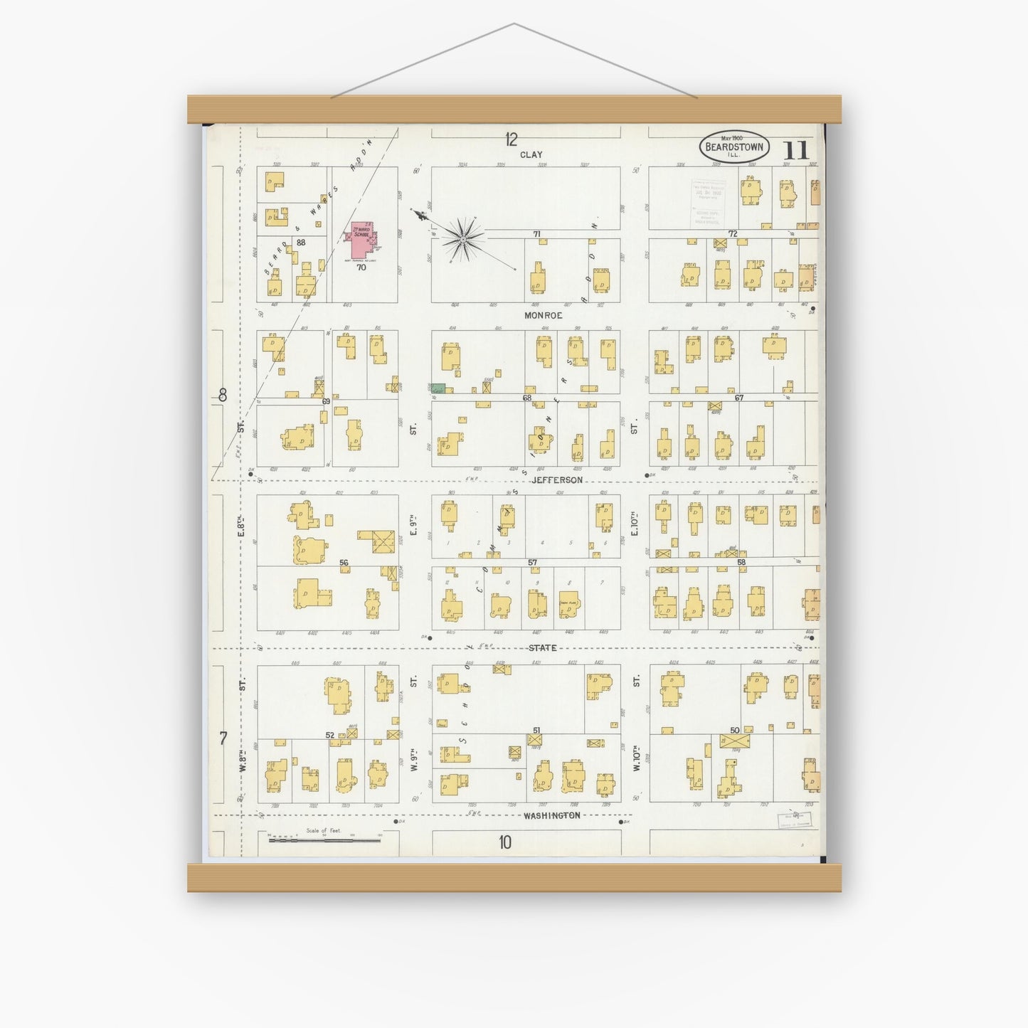 Old map wall art mockup — magnetic wood frame on white wall — Sanborn Fire Insurance Map from Beardstown, Cass County, Illinois (1900), Sheet #0011
