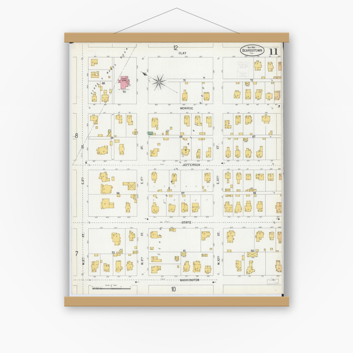 Old map wall art mockup — magnetic wood frame on white wall — Sanborn Fire Insurance Map from Beardstown, Cass County, Illinois (1900), Sheet #0011