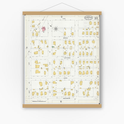 Old map wall art mockup — magnetic wood frame on white wall — Sanborn Fire Insurance Map from Beardstown, Cass County, Illinois (1900), Sheet #0011