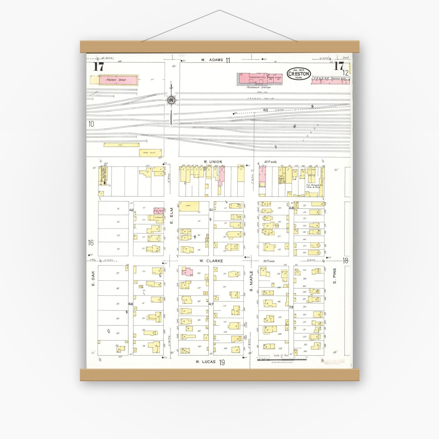 Old map wall art mockup — magnetic wood frame on white wall — Sanborn Fire Insurance Map from Creston, Union County, Iowa (1923), Sheet #0017