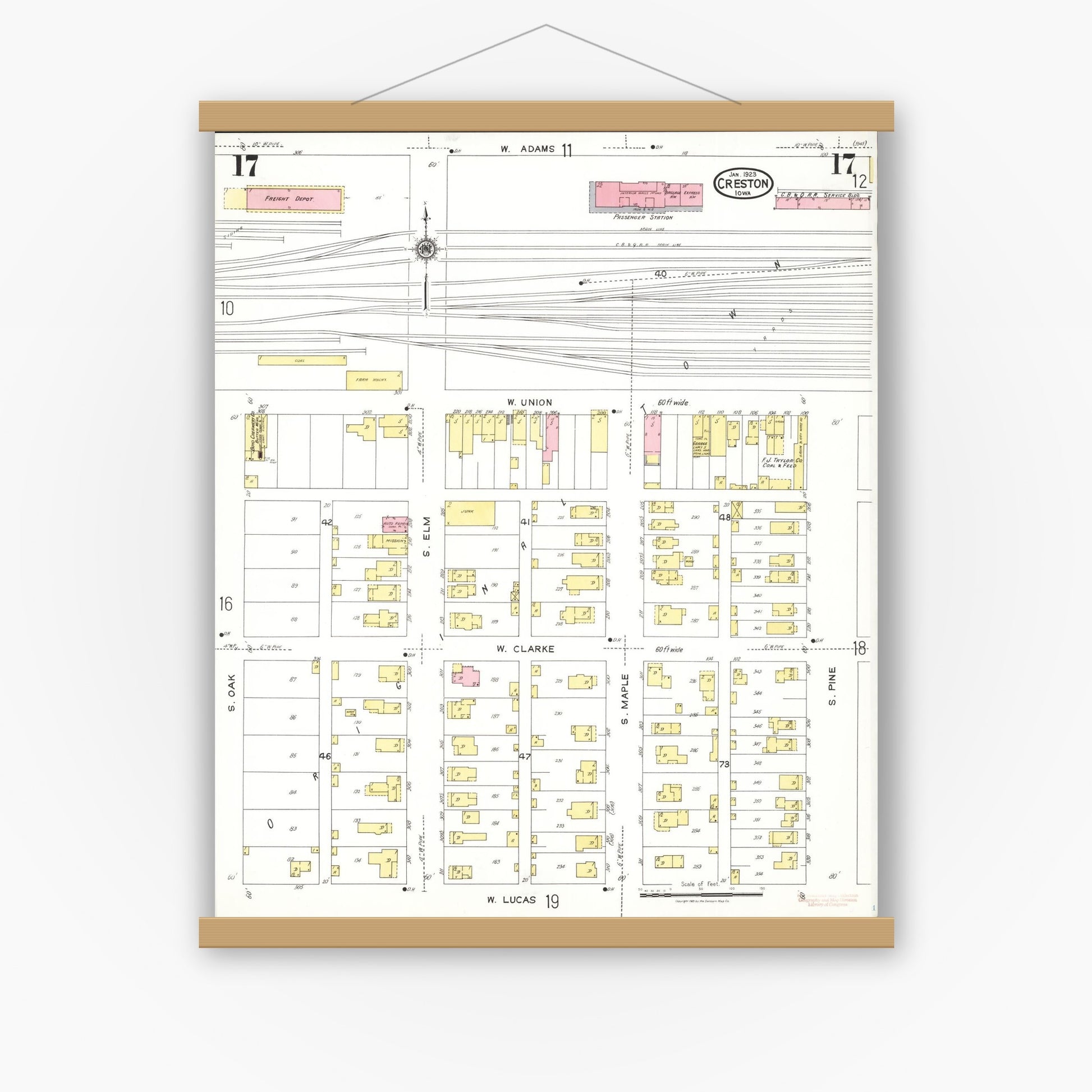 Old map wall art mockup — magnetic wood frame on white wall — Sanborn Fire Insurance Map from Creston, Union County, Iowa (1923), Sheet #0017
