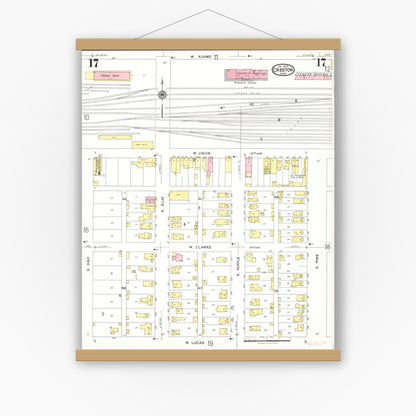 Old map wall art mockup — magnetic wood frame on white wall — Sanborn Fire Insurance Map from Creston, Union County, Iowa (1923), Sheet #0017