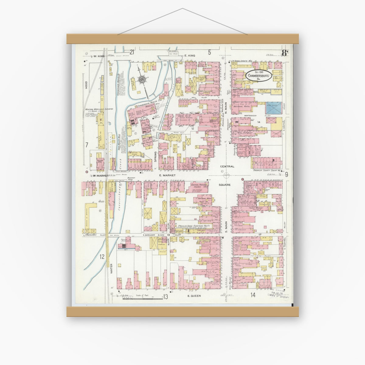 Old map wall art mockup — magnetic wood frame on white wall — Sanborn Fire Insurance Map from Chambersburg, Franklin County, Pennsylvania (1910), Sheet #0008