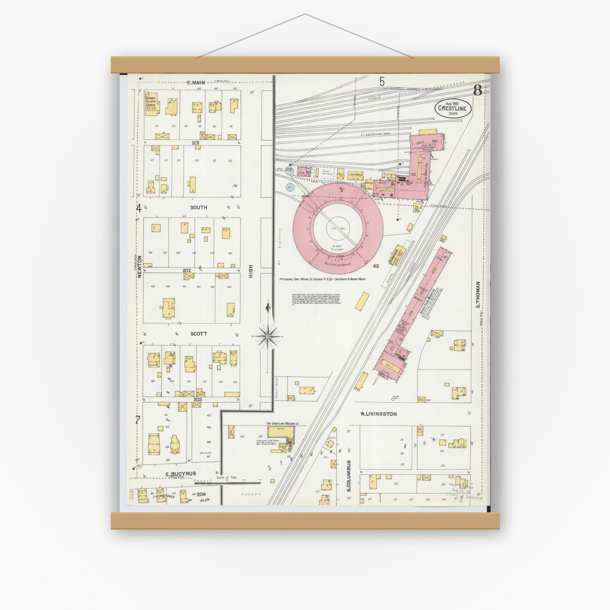 Old map wall art mockup — magnetic wood frame on white wall — Sanborn Fire Insurance Map from Crestline, Crawford County, Ohio (1901), Sheet #0008
