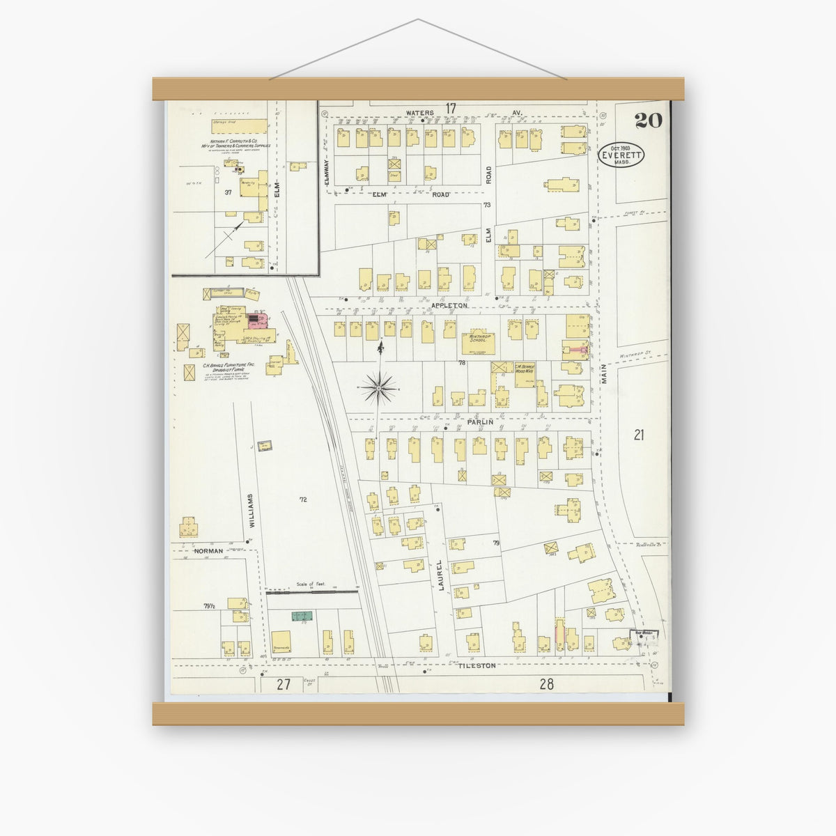 Old map wall art mockup — magnetic wood frame on white wall — Sanborn Fire Insurance Map from Everett, Middlesex County, Massachusetts (1903), Sheet #0020