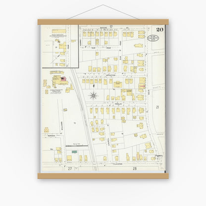 Old map wall art mockup — magnetic wood frame on white wall — Sanborn Fire Insurance Map from Everett, Middlesex County, Massachusetts (1903), Sheet #0020