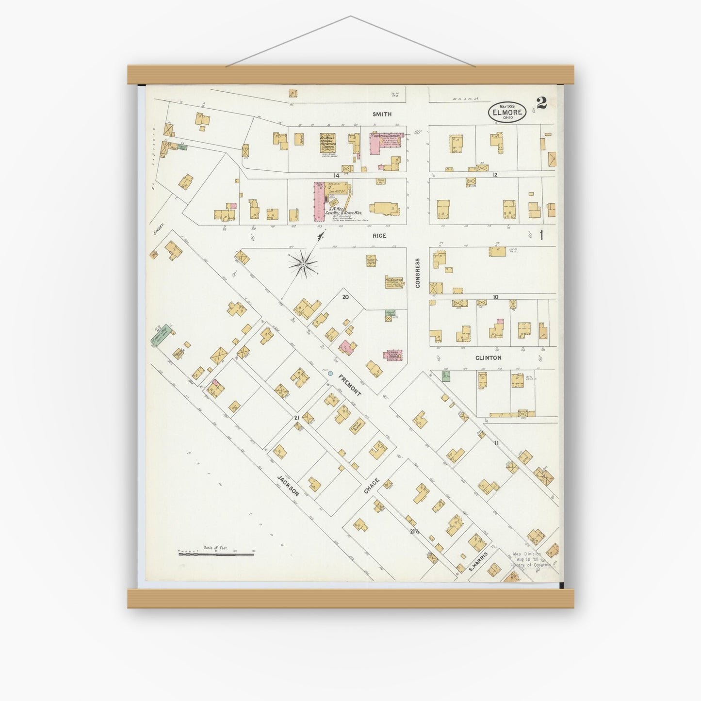 Old map wall art mockup — magnetic wood frame on white wall — Sanborn Fire Insurance Map from Elmore, Ottawa County, Ohio (1899), Sheet #0002