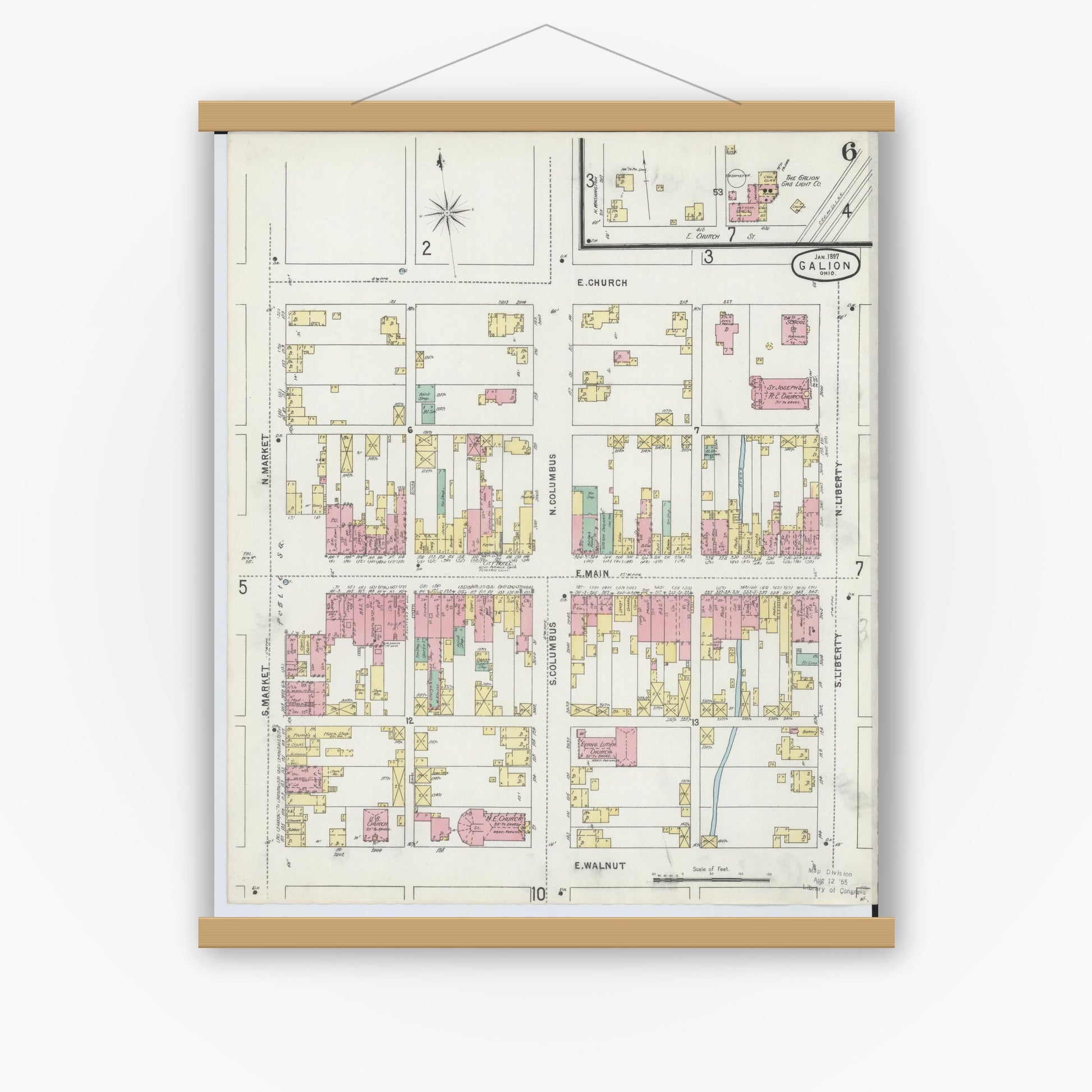 Old map wall art mockup — magnetic wood frame on white wall — Sanborn Fire Insurance Map from Galion, Crawford County, Ohio (1897), Sheet #0006