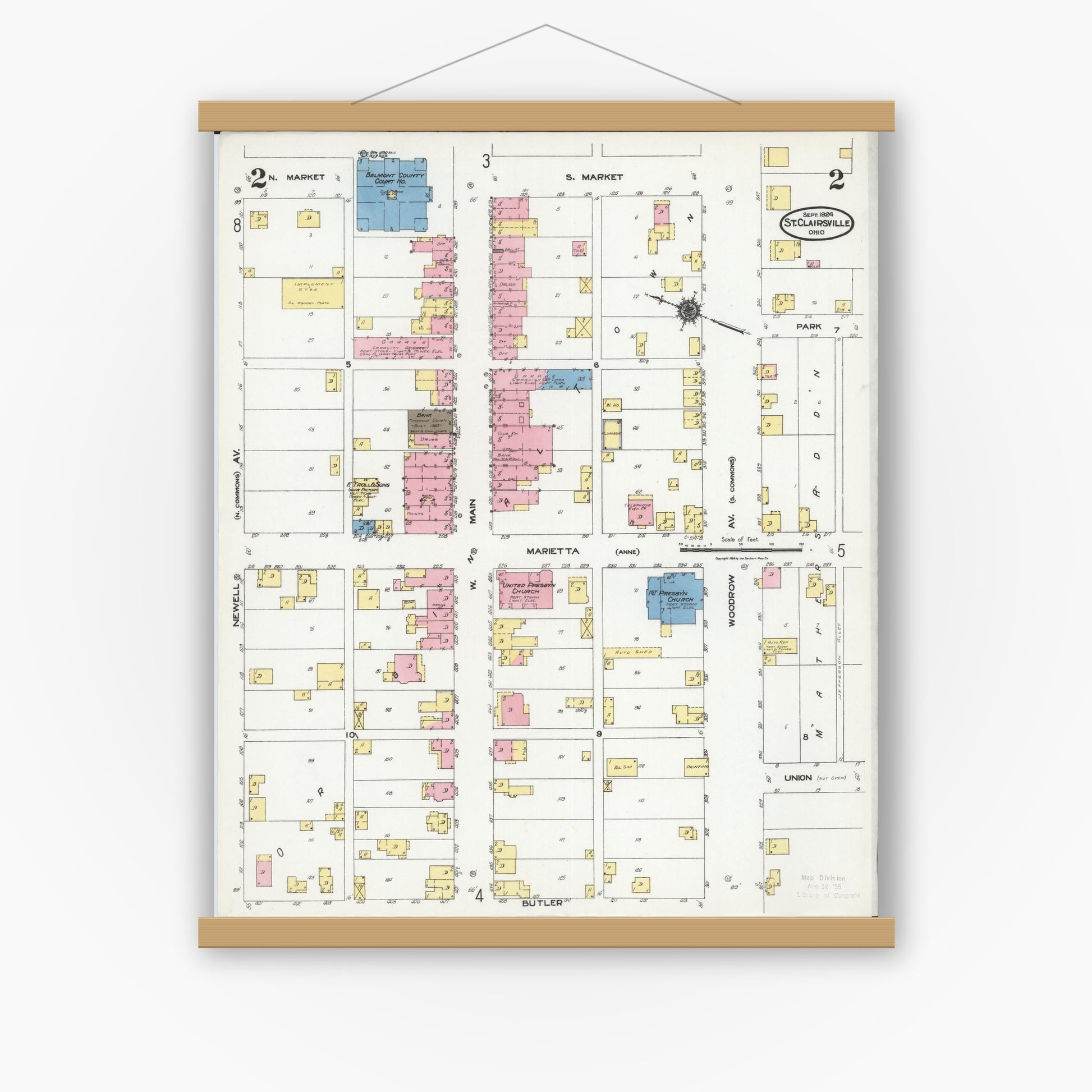 Old map wall art mockup — magnetic wood frame on white wall — Sanborn Fire Insurance Map from Saint Clairsville, Belmont County, Ohio (1924), Sheet #0002