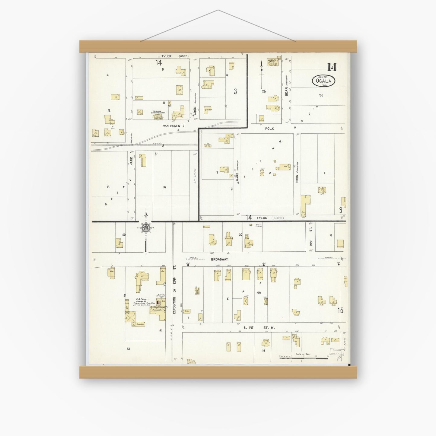 Old map wall art mockup — magnetic wood frame on white wall — Sanborn Fire Insurance Map from Ocala, Marion County, Florida (1912), Sheet #0014