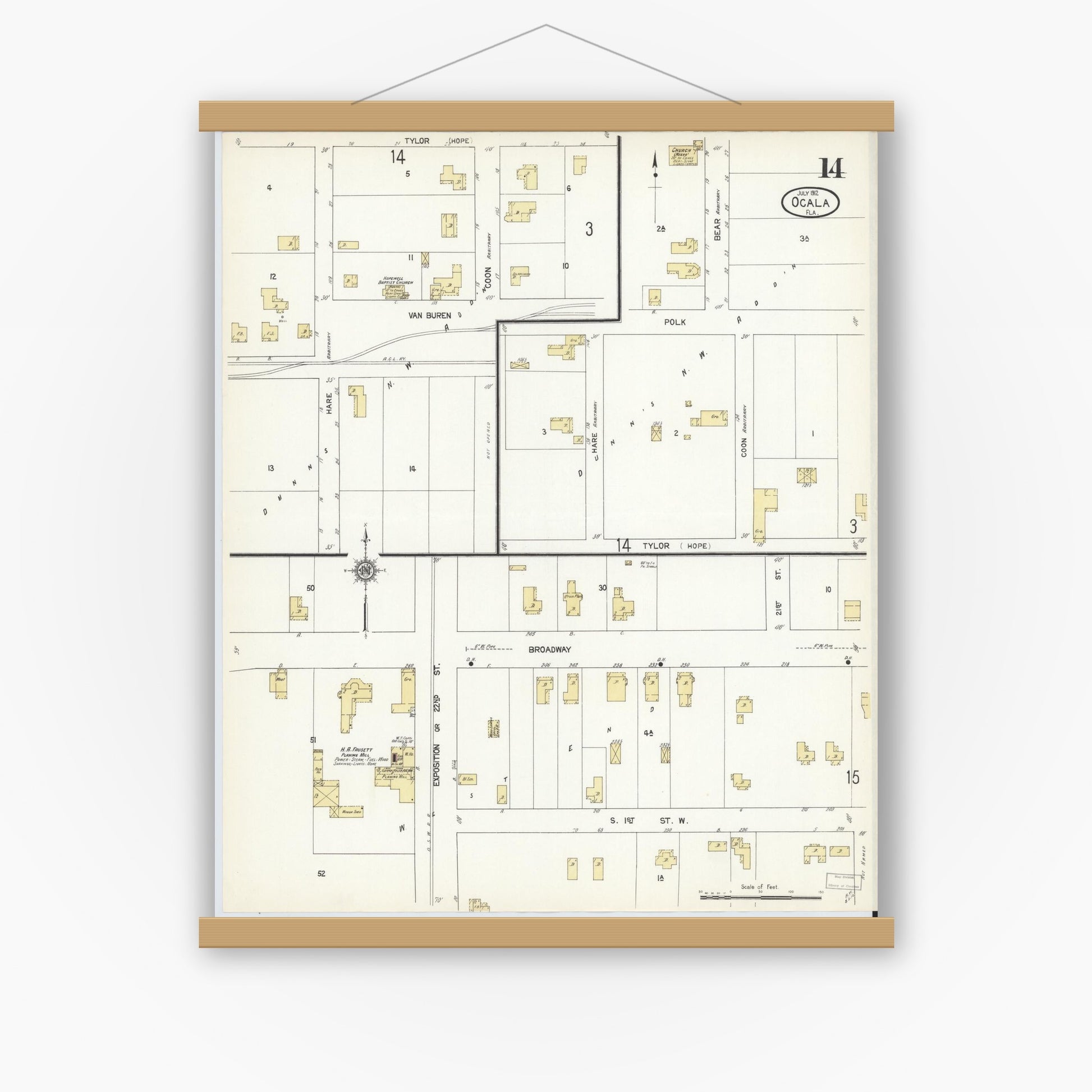 Old map wall art mockup — magnetic wood frame on white wall — Sanborn Fire Insurance Map from Ocala, Marion County, Florida (1912), Sheet #0014
