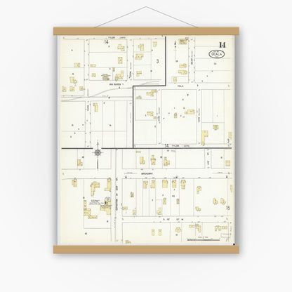 Old map wall art mockup — magnetic wood frame on white wall — Sanborn Fire Insurance Map from Ocala, Marion County, Florida (1912), Sheet #0014
