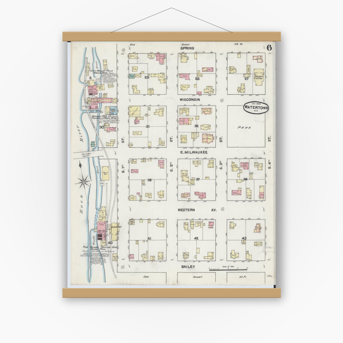 Old map wall art mockup — magnetic wood frame on white wall — Sanborn Fire Insurance Map from Watertown, Jefferson County, Wisconsin (1890), Sheet #0006