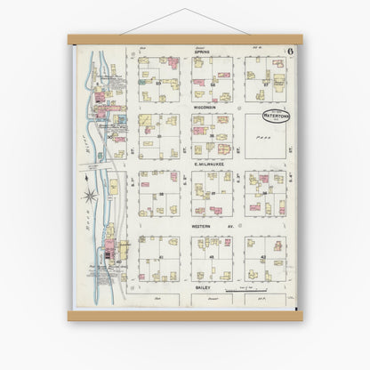 Old map wall art mockup — magnetic wood frame on white wall — Sanborn Fire Insurance Map from Watertown, Jefferson County, Wisconsin (1890), Sheet #0006