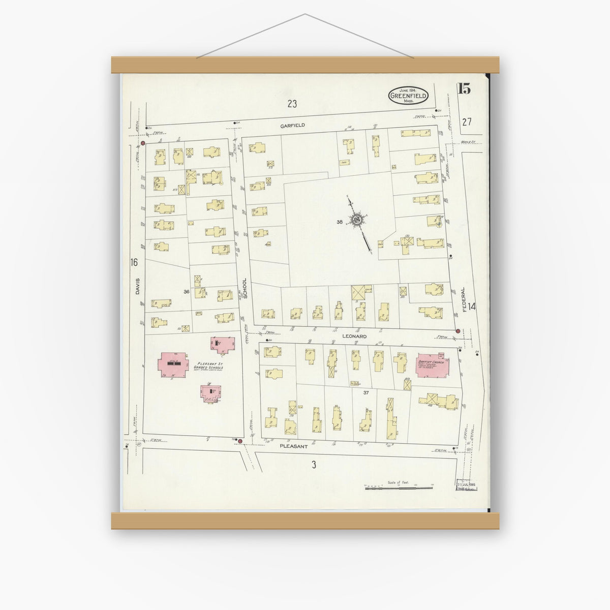 Old map wall art mockup — magnetic wood frame on white wall — Sanborn Fire Insurance Map from Greenfield, Franklin County, Massachusetts (1914), Sheet #0015