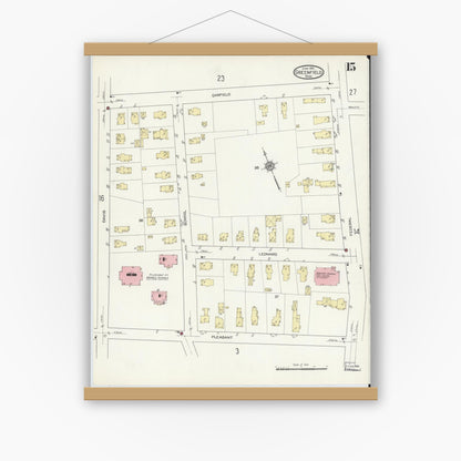 Old map wall art mockup — magnetic wood frame on white wall — Sanborn Fire Insurance Map from Greenfield, Franklin County, Massachusetts (1914), Sheet #0015