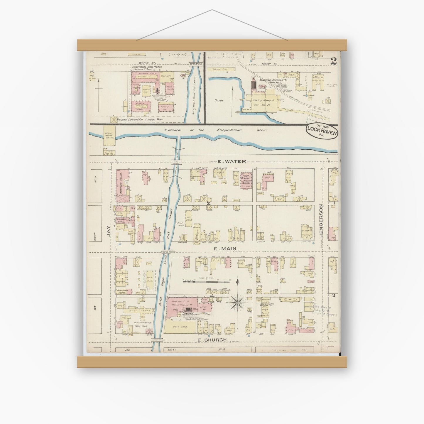 Old map wall art mockup — magnetic wood frame on white wall — Sanborn Fire Insurance Map from Lock Haven, Clinton County, Pennsylvania (1885), Sheet #0002