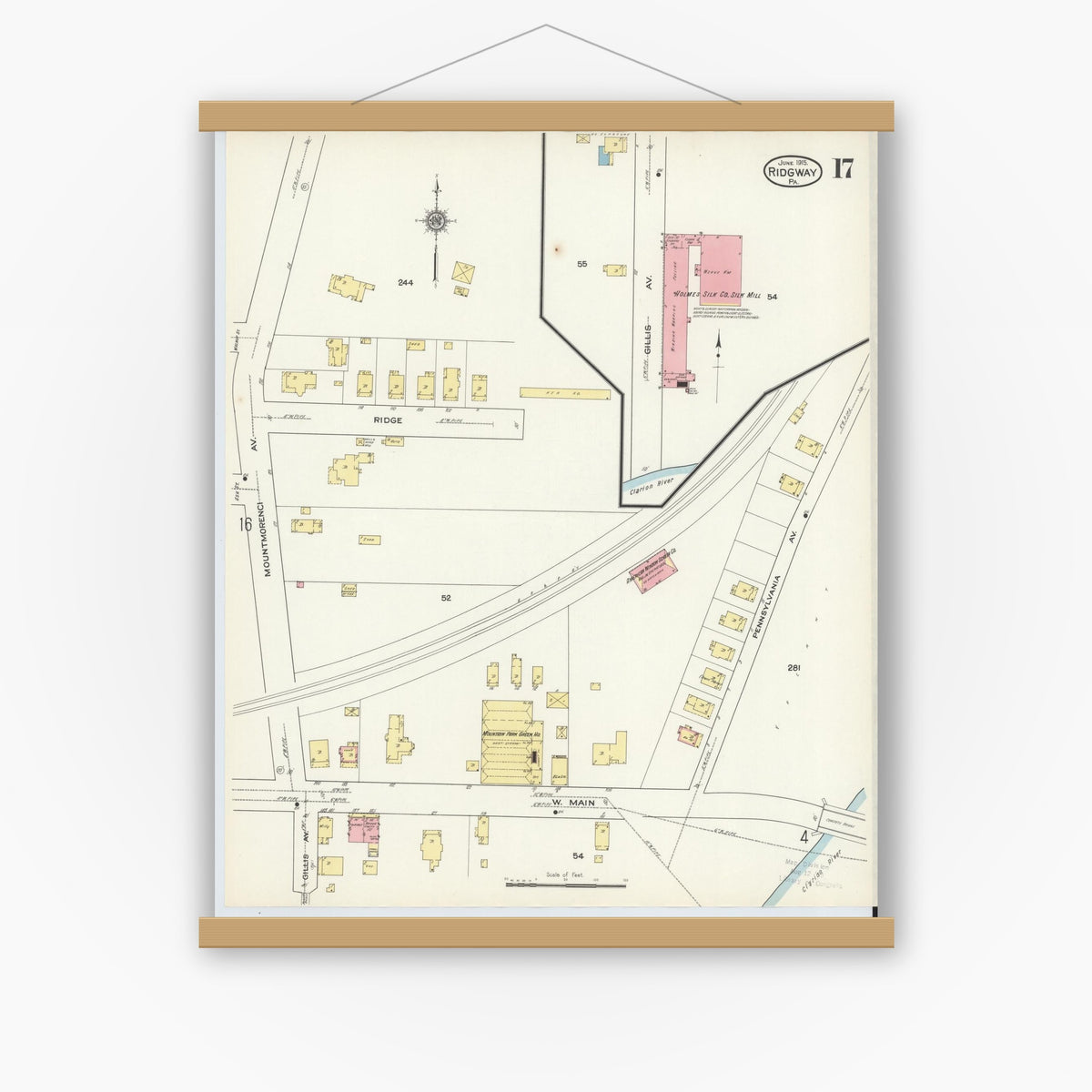Old map wall art mockup — magnetic wood frame on white wall — Sanborn Fire Insurance Map from Ridgway, Elk County, Pennsylvania (1915), Sheet #0017