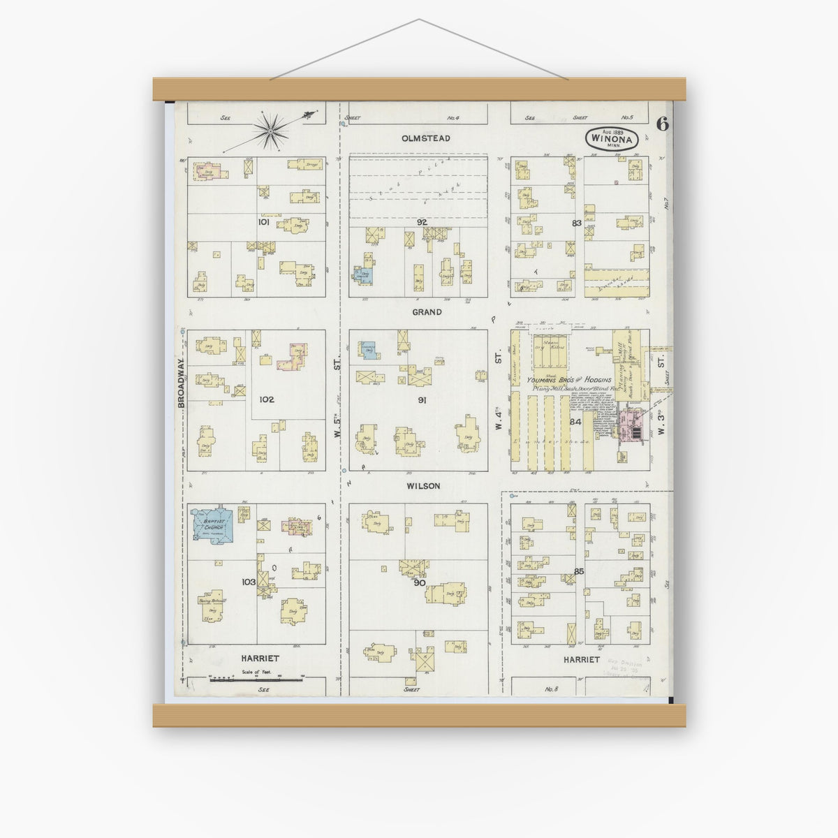 Old map wall art mockup — magnetic wood frame on white wall — Sanborn Fire Insurance Map from Winona, Winona County, Minnesota (1889), Sheet #0006