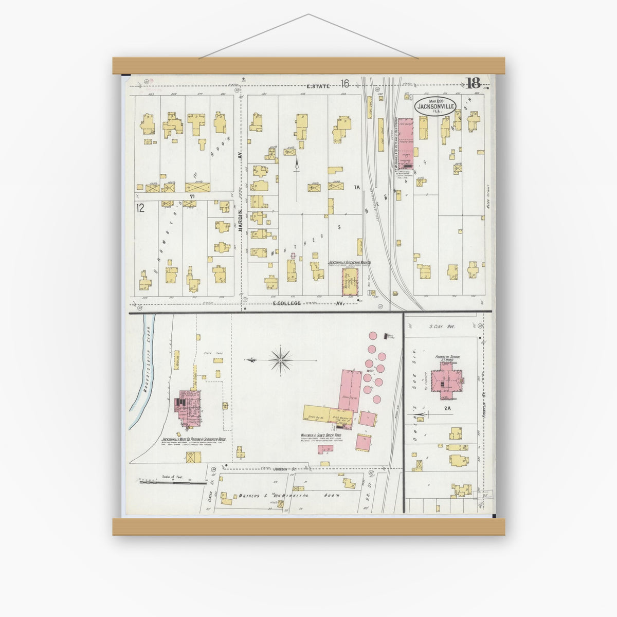 Old map wall art mockup — magnetic wood frame on white wall — Sanborn Fire Insurance Map from Jacksonville, Morgan County, Illinois (1899), Sheet #0018