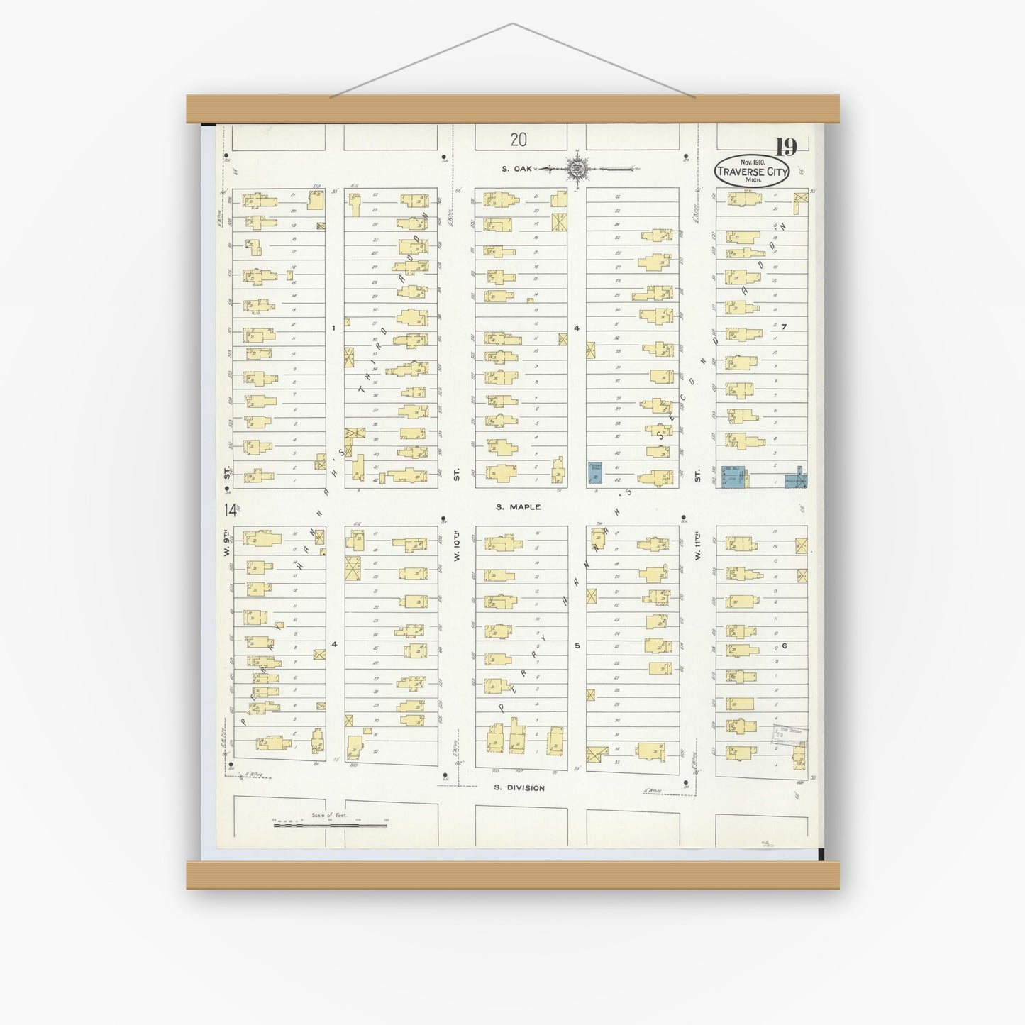 Old map wall art mockup — magnetic wood frame on white wall — Sanborn Fire Insurance Map from Traverse City, Grand Traverse County, Michigan (1910), Sheet #0019
